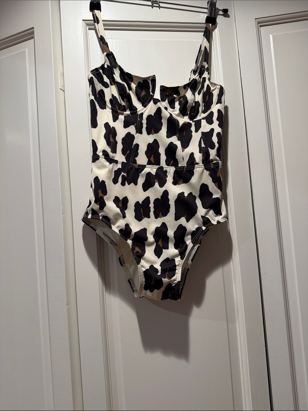 Solid and Striped Leopard Print One-Piece Swimsuit - Black & Cream